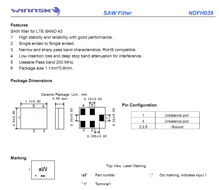 New Product Promotion 3700MHz LTE Band43 RF Saw Filter (Pass Band) Cellular Communication-WINNSKY Stable Supply