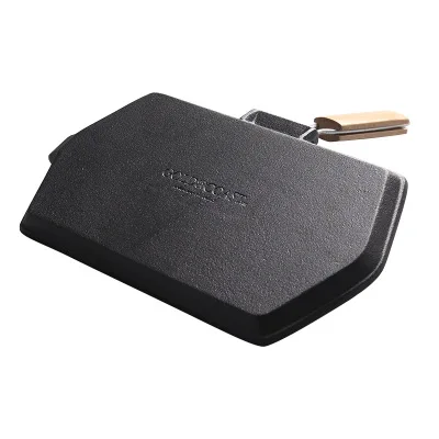 Wholesale cast iron baking pan rectangular black color steak frying pan with folding wooden handle