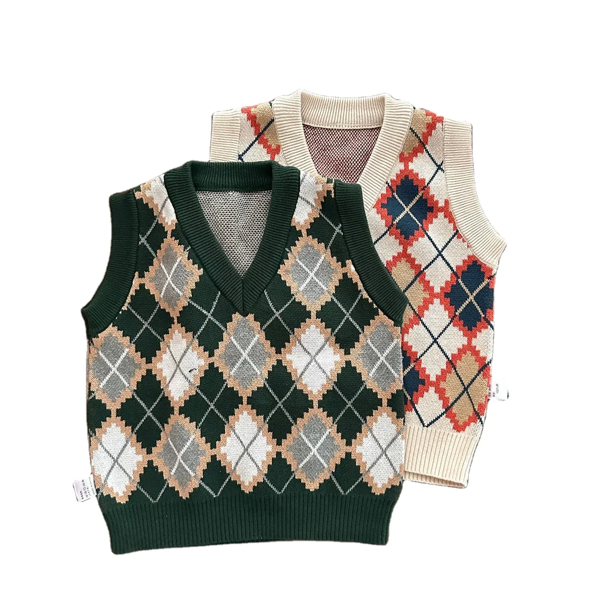 Purorigin Factory Direct Sales Wholesale OEM Fashionable Warm V-neck Sleeveless Plaid Vest Organic Cotton Knitted Baby Sweater