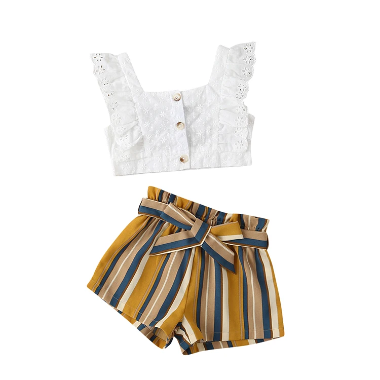 Factory Price 2T-6T White Short Top Striped Shorts Good Quality 2 Piece  Kids Children Clothing