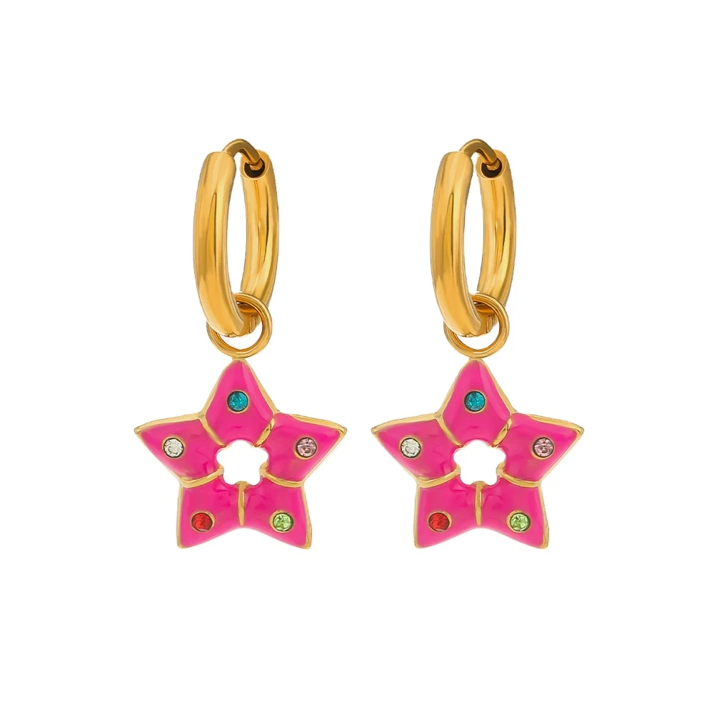 Wholesale Star Shaped Colorful Drop Oil Zircon Hollow Stainless Steel Huggie Dangling Star Earrings