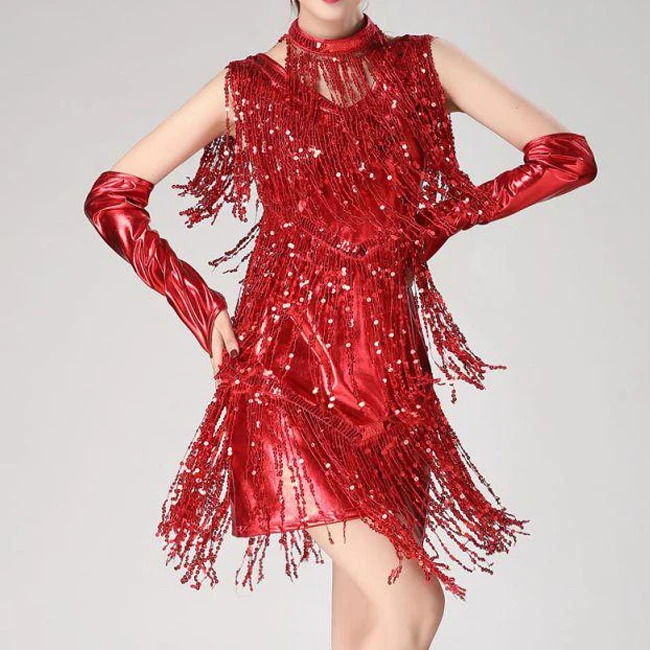 OEM ODM Custom Sexy Competition Ballroom Sequined Dancing Dresses Women Tassel Latin Dance Dress