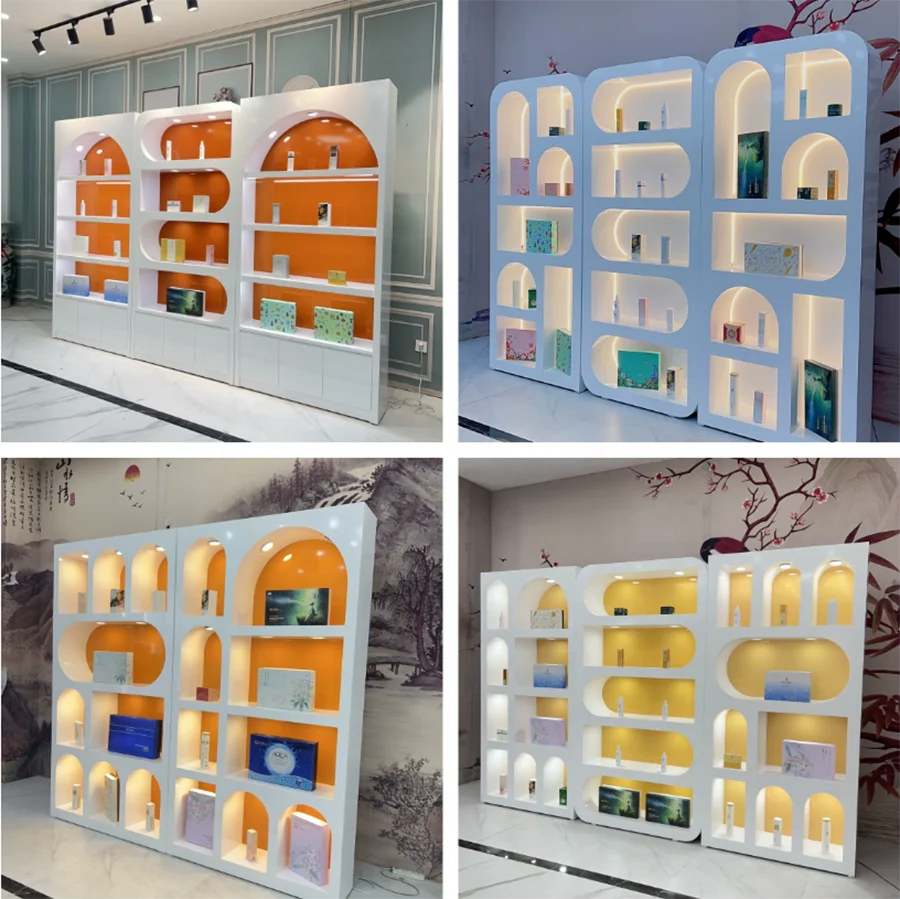 custom body care essence oil display shelves essence oil showcase with LED light Hair Serum Essential promotion display stand