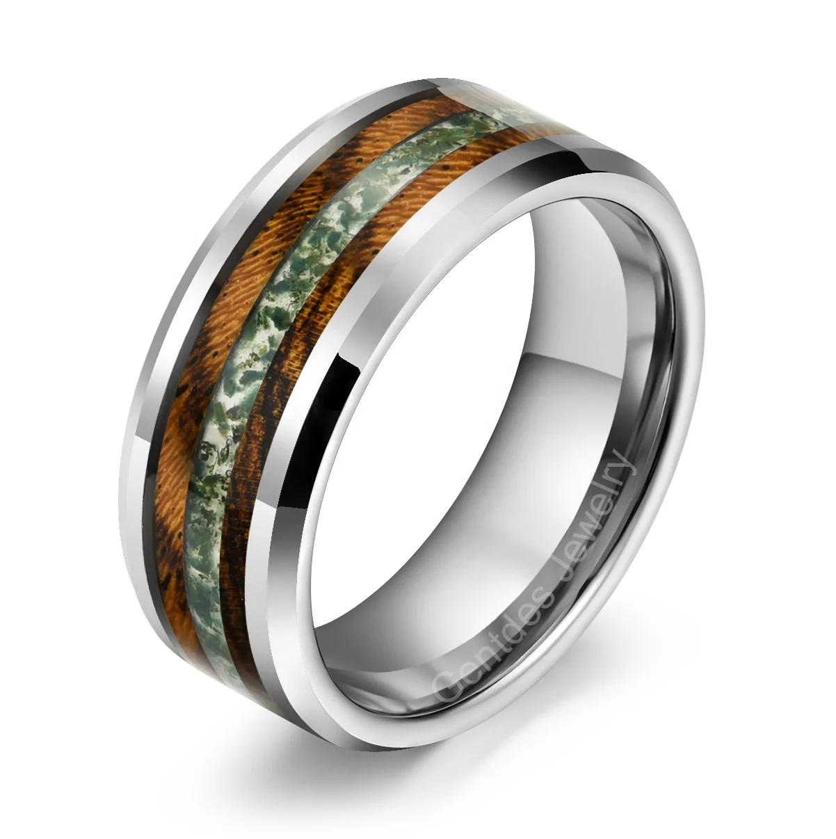 Gentdes Jewelry 8mm Beveled Edge Tungsten Band Wood Veneer and Nature Green Moss Agate Inlay Jewelry Rings For Wedding Mens