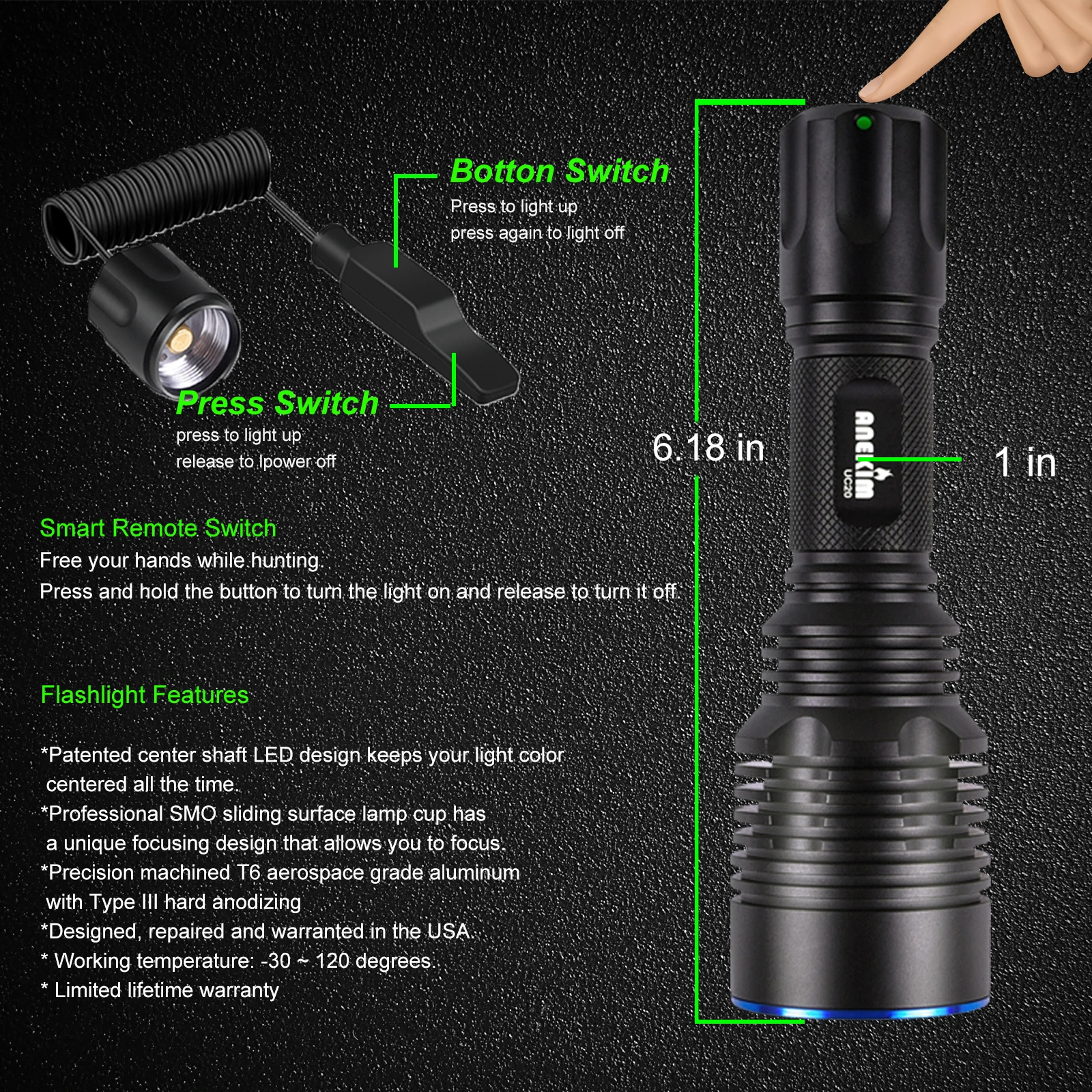 ANEKIM UC20 Tactical with KW CSLNM1.TG, SFT40, SST40 XML2 18650 Torch Weapon Portable Zoom LED Linternas Waterproof Flashlight