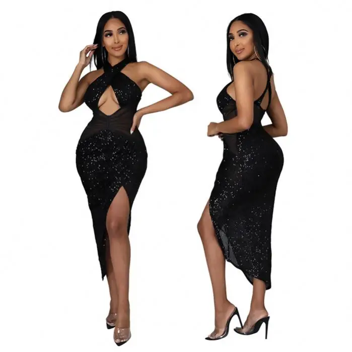 C9290-wholesale long sleeve halter sequin dress party evening dresses women elegant