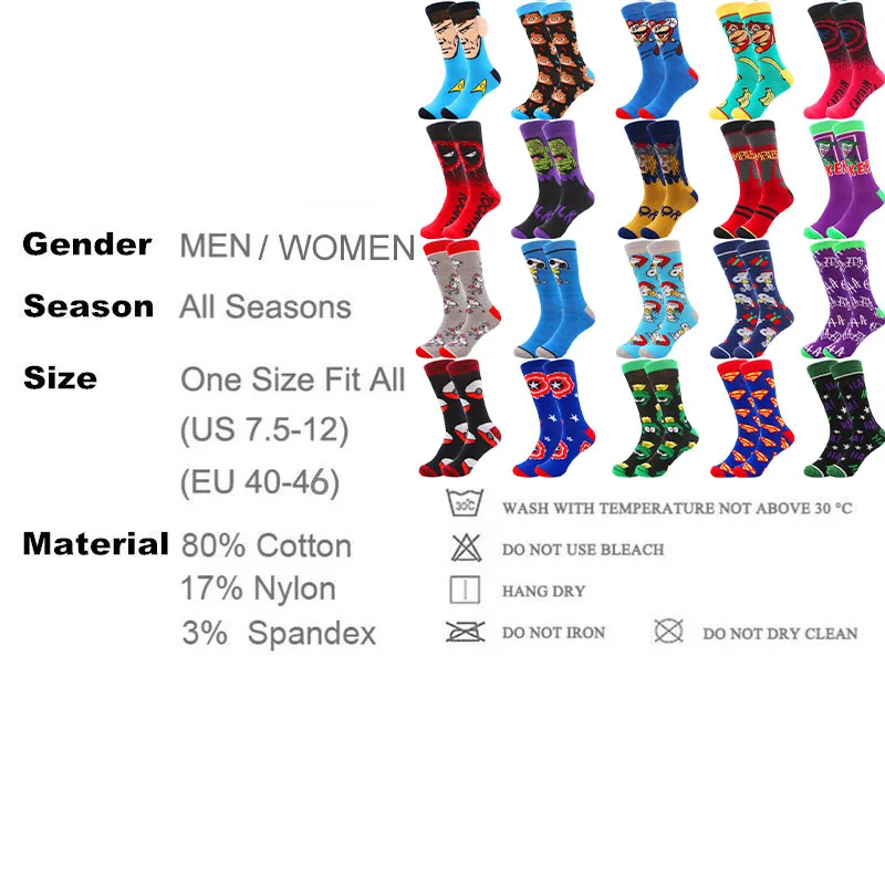 Dropshipping Spider Iron Bat Man Marvel Superhero Comics Socks Wholesale Novelty Character Anime Cartoon Crew Socks