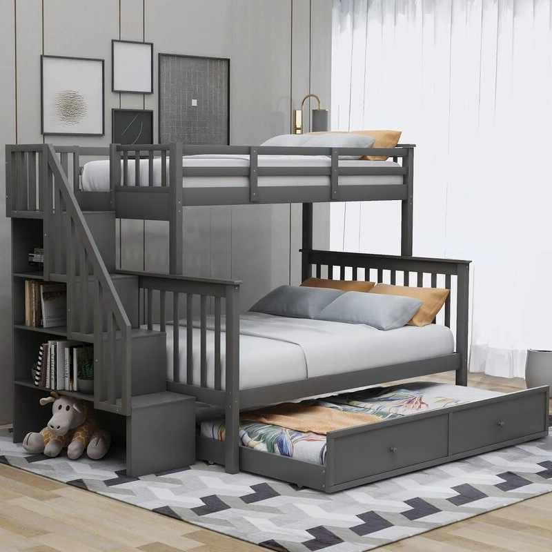 Storage function combination cheap 3 sleeper solid wood kids children trundle bunk bed