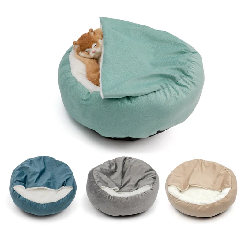 Faux Fur Shell Semi-Enclosed Cat Dog Bed Warm Round Fluffy Plush Pet Bed For Indoor Cats