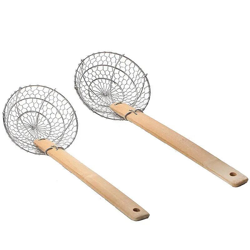 Kitchen Cooking Tool 13 Inch Stainless Steel Mesh Skimmer Strainer Skimmer Spoon With Bamboo Handle