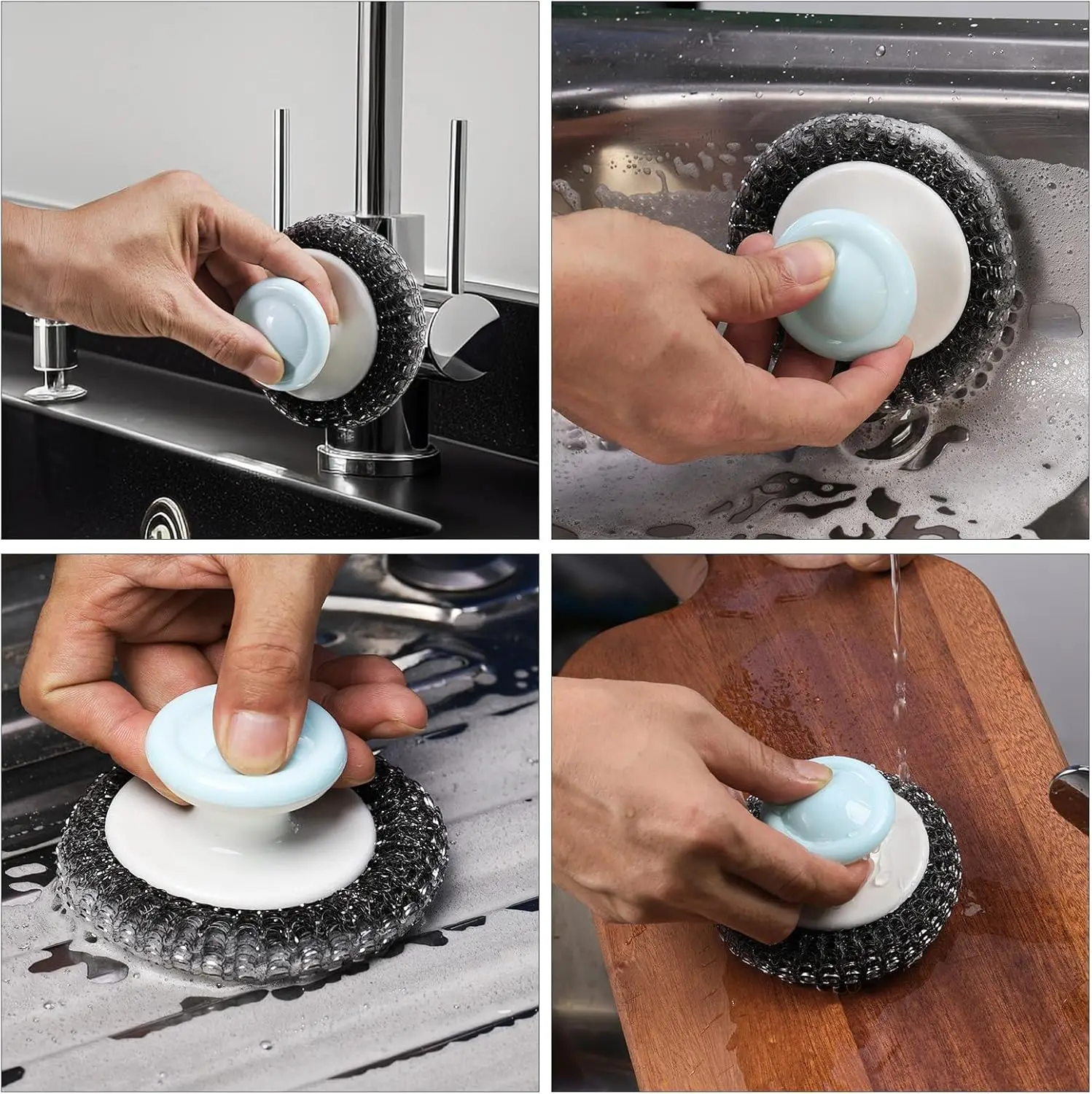 Steel Wool Scrubber Stainless Steel Scrubber with Handle Metal Sponge Scrubber for Cleaning Dishes, Pots, Pans, Grill