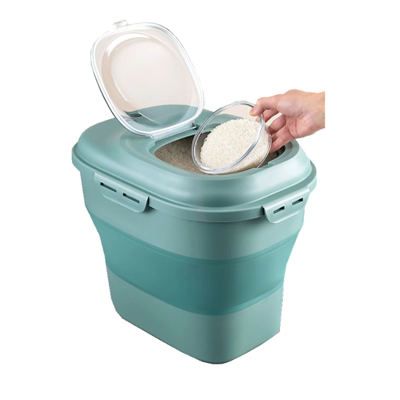 Wholesale Plastic Foldable Dustproof 25kg Rice Storage Container Kitchen Cereal Storage Bucket With Pulleys Sealed Storage Box