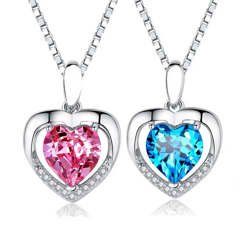 YA122 925 Sterling Silver Mom Necklace with Blue Pink Ocean Heart zircon Crystals Pendant Mothers Birthday Jewelry Gifts