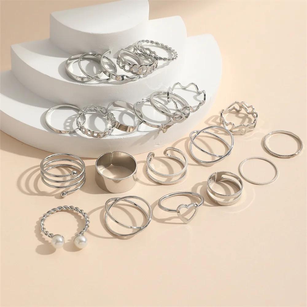 New Fashionable Butterfly Ring Opening Multi-Joint Ring Set 22 Piece Gold Silver Heart Pearl Alloy Stacked Ring For Women