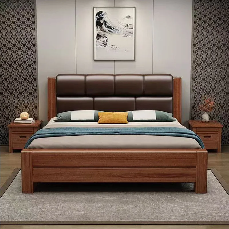 Modern new Chinese style Walnut solid wood bed Master bedroom soft leather bed 1.8m wedding bedroom high box
