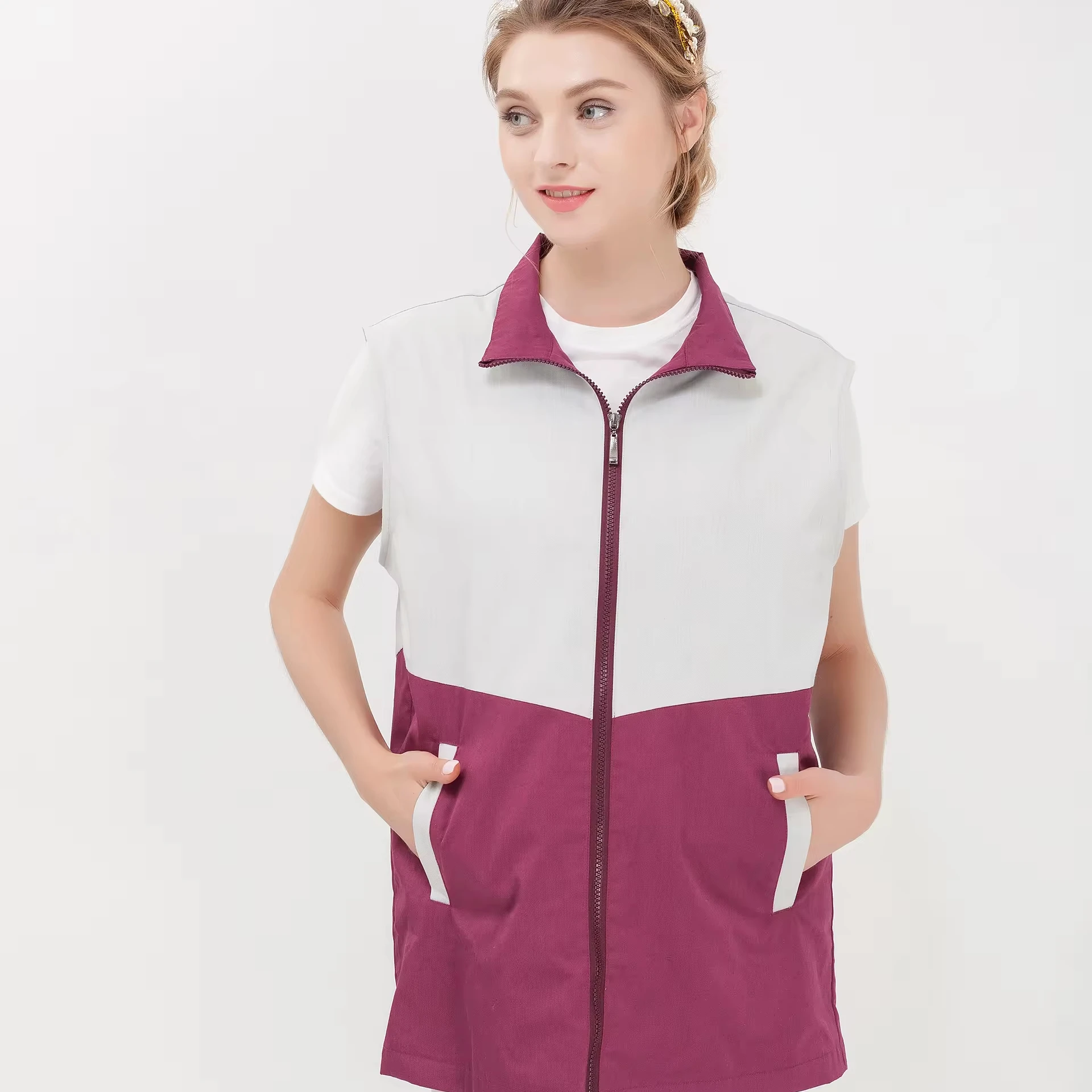 Violet Red Contrast Zip Maternity for Anti Radiation Measures in Wholesale Safety Vests