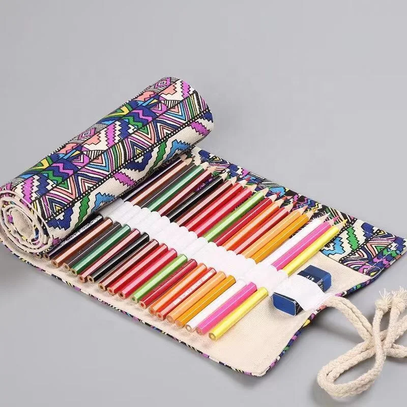 12 to 72 Holes Handmade Wrap Canvas Pencil Pen Bag Multi-color Painting roller Up pencil Case Paint brush bag