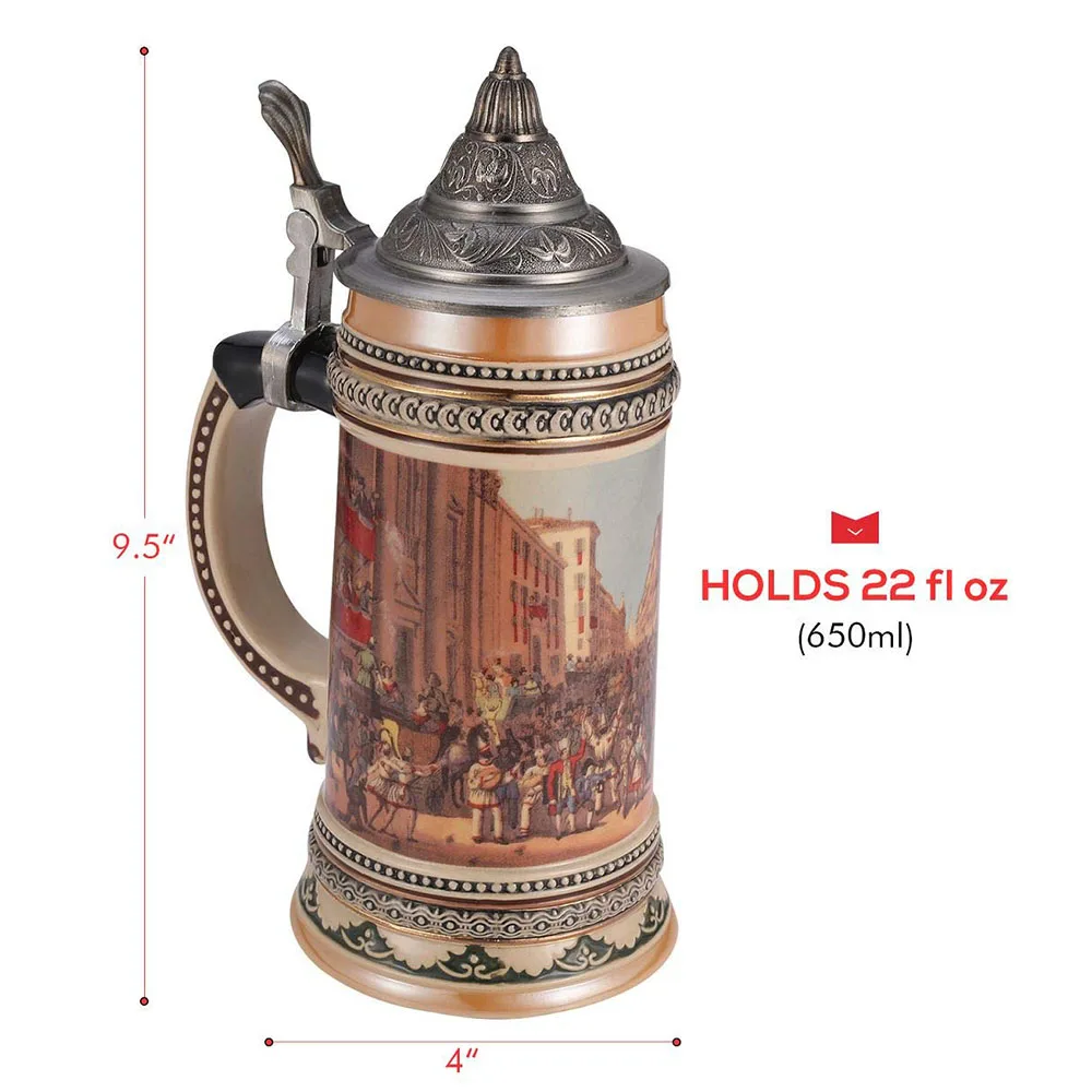 Viva carnevale scene of 19th century European street  decor Ceramic German Beer Stein with Metal Lid