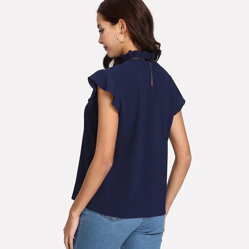 Женские топы и блузки 2019, Женская Повседневная элегантная рубашка с рукавом-крылышком и бантом, однотонная шифоновая блузка, топы, женские рубашки, Новинка