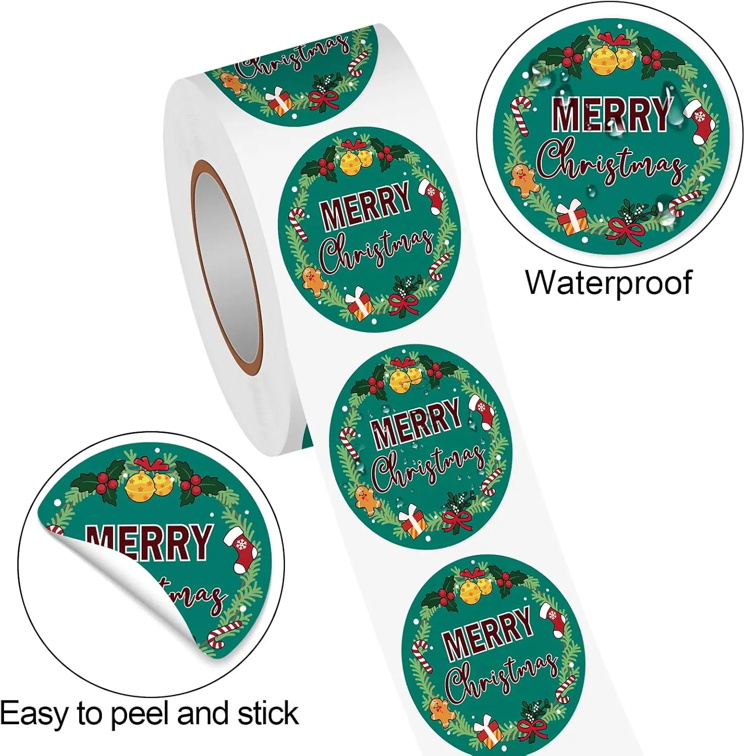 Self-Adhesive Decorative Decals for Christmas Party Supplies Round Green Christmas Stickers Holiday Stickers for Cards