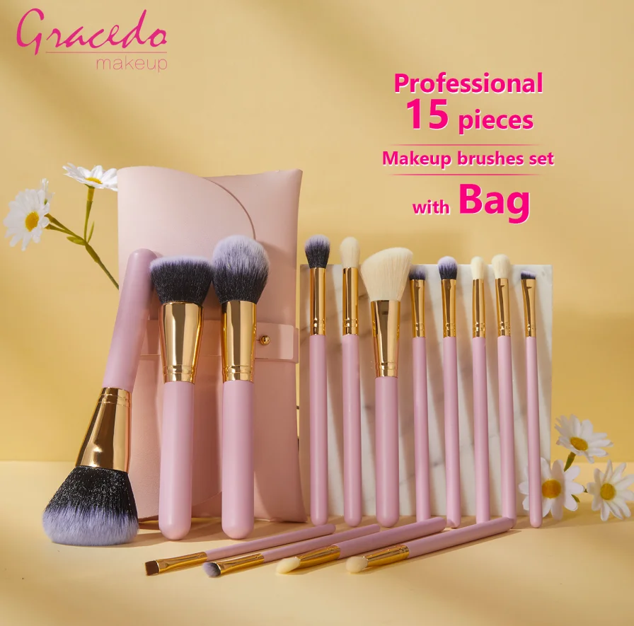 Makeup Brush Set 15Pcs Custom Premium Synthetic Foundation Concealer Eye Shadows Cosmetic Brushes Set With Case