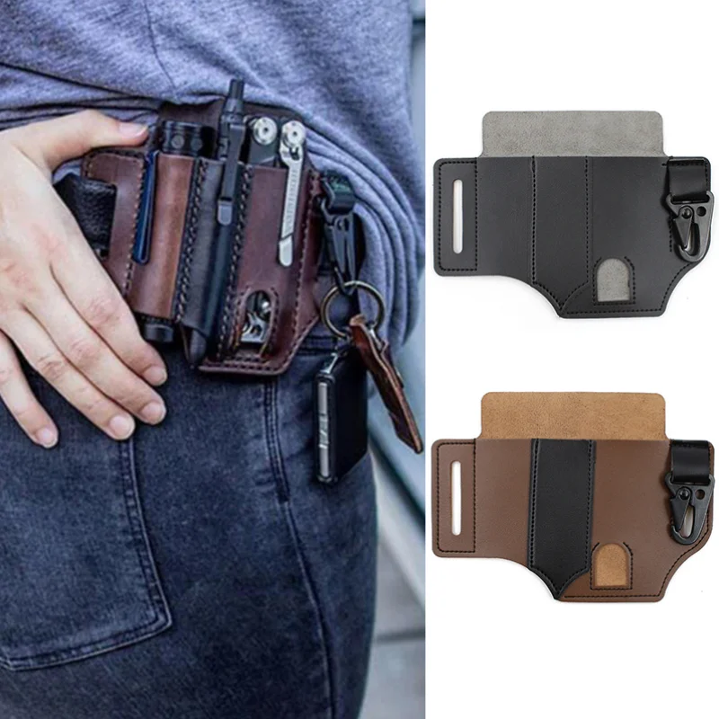PU Leather EDC Tactical Waist Belt Storage Bag Multifunction Knife Flashlight Tool Holster Outdoor Camping Accessories