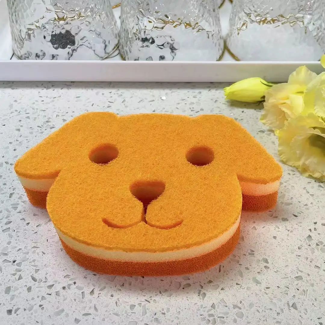Animal dog shape tableware dish cleaning scourer / scrubber three layers sponge pad