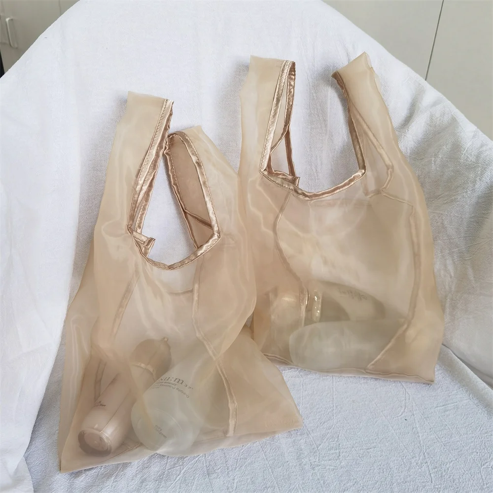 CH Reusable Custom Organza Cloth Shopper Books Organza Vest Shopping Bag Organza Tote Bag With Pocket for Women Student Grocery