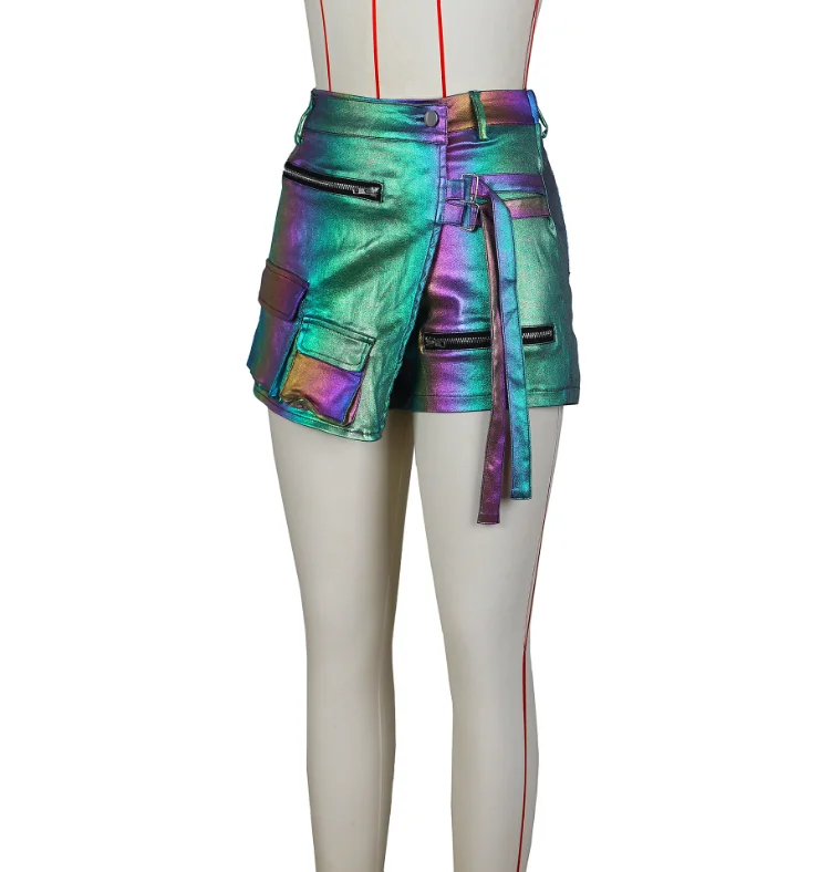 STOCK 6Colors High Elastic Leather Asymmetrical Mini Shorts Women Streetwear Summer Vintage High Waist Cargo Short Pants