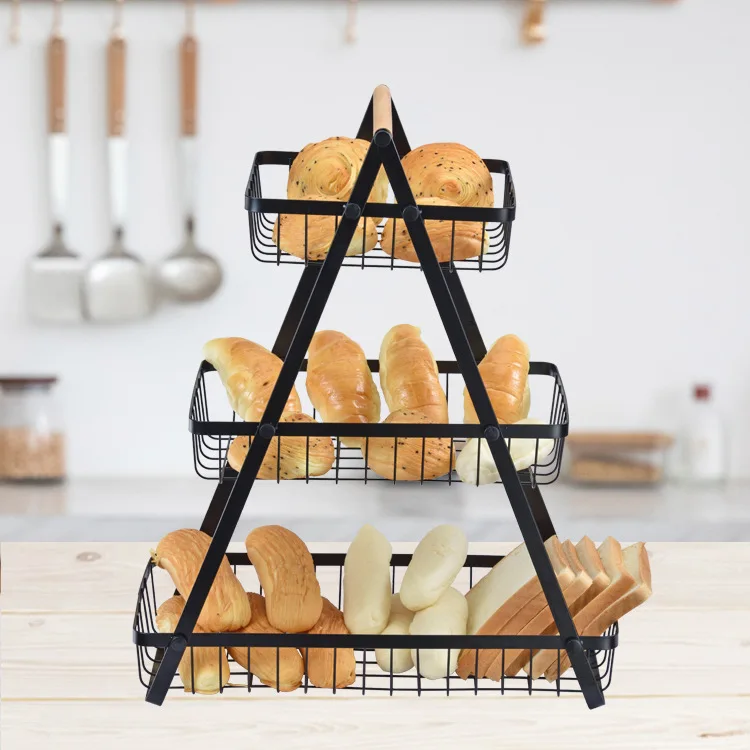 Low moq Hotselling 2-Tier Serving Tray Metal Storage Basket with Wood Handles for Fruit and vegetable