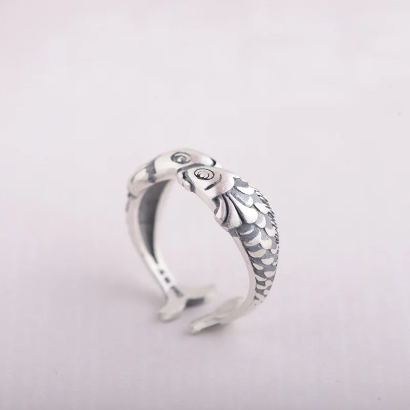Retro Thai silver 925 sterling silver small goldfish Double fish ring 2022 new versatile girl favorite