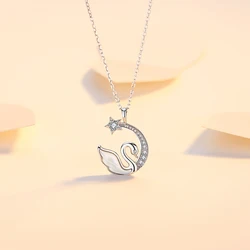 New Arrivals Zircon Star Moon Pendant Chain Necklace 925 Sterling Silver White Shell Swan Necklace