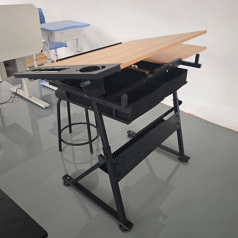 Adjustable Height Engineering Tiltable Drafting Desk Architecture Drawing Table With Drawer