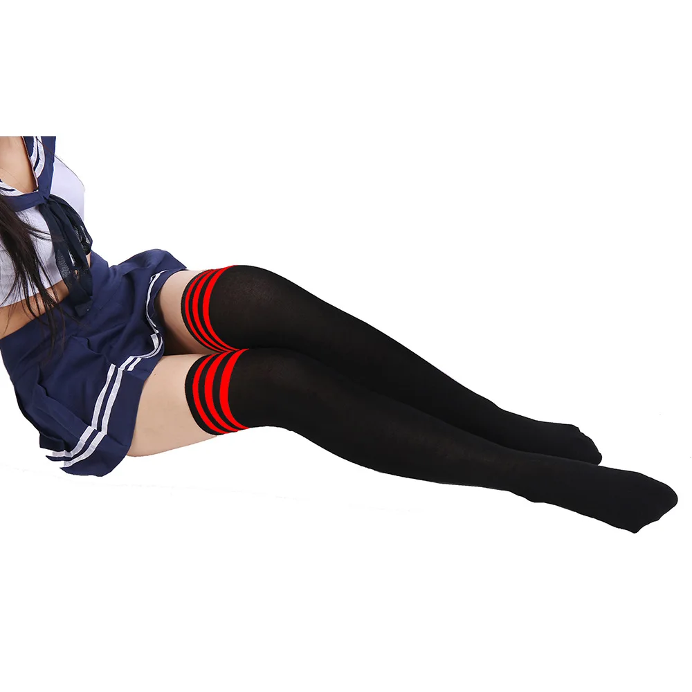 HJ Women Over Knee High Socks Black White Striped Ladies Long Socks Sexy Plus Size Thigh High Cotton Students Socks For Girl