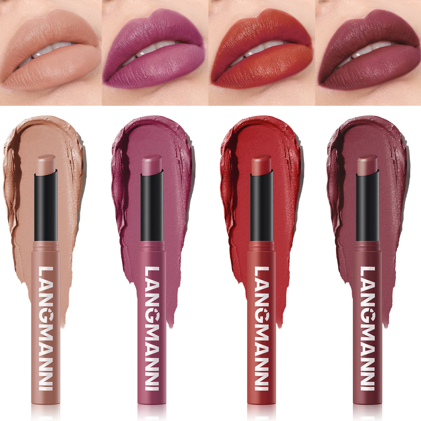 langmanni 12-color New matte matte lip gloss Pearl easy to color soft brush lip gloss Long Lasting Waterproof Non-stick Cup