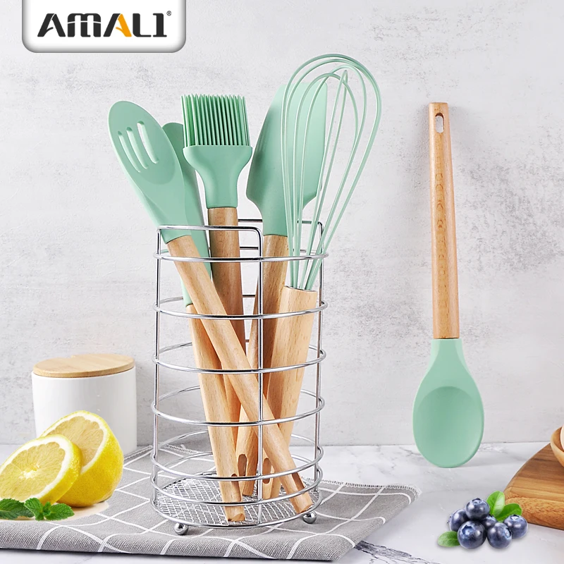 Korean Hotel Modern Unique Cheap ECO Friendly Private Label Bulk Silicone Kitchen Utensils Cooking Ware Set Beech Wood Handle