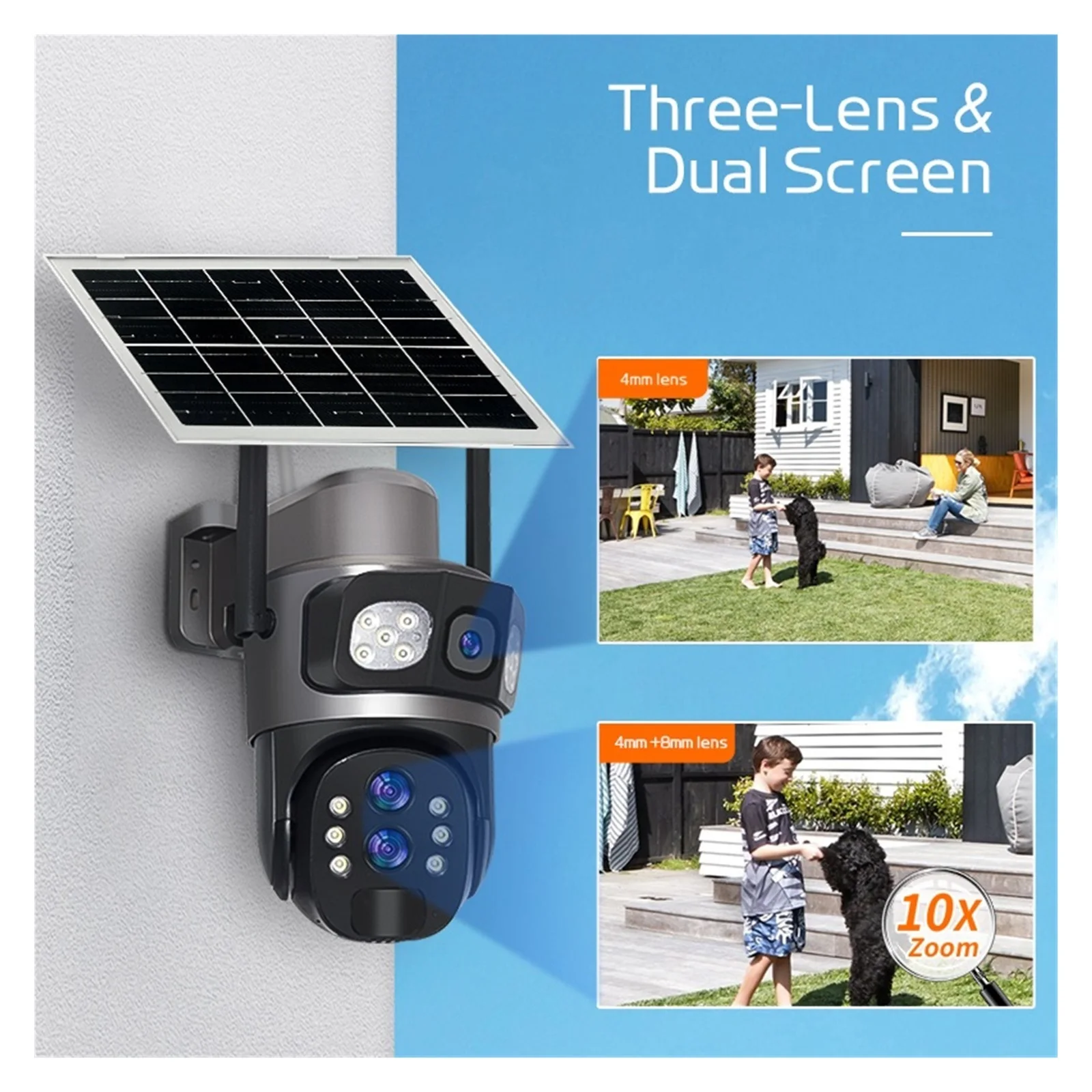 6K Outdoor Solar 4G Camera Three Lenses Two Screens 10x Optical Zoom HD Wireless Video Monitor Recorder Home Cloud IP