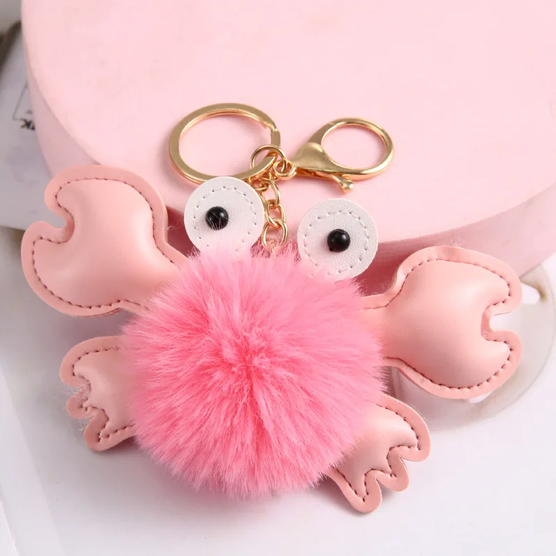 Wholesale Plush Animal Pom Pom ball Crab Keychain Fur Ball Furry Puff Ball Keychain