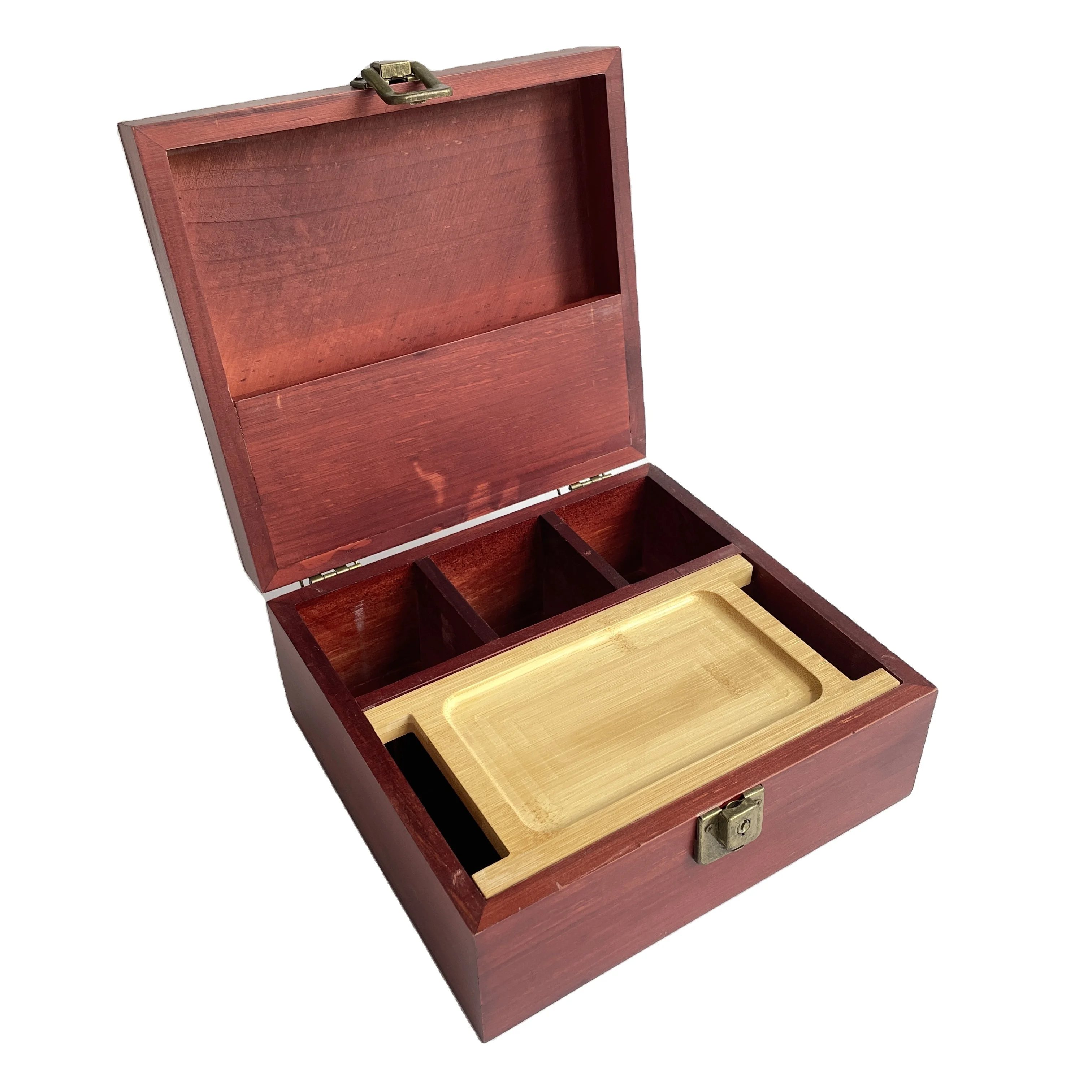 Bamboo Wooden Herb Stash Box with Rolling Tray Storage Container to Store Smoking Accessories Grinder Pipe Rolling Papers
