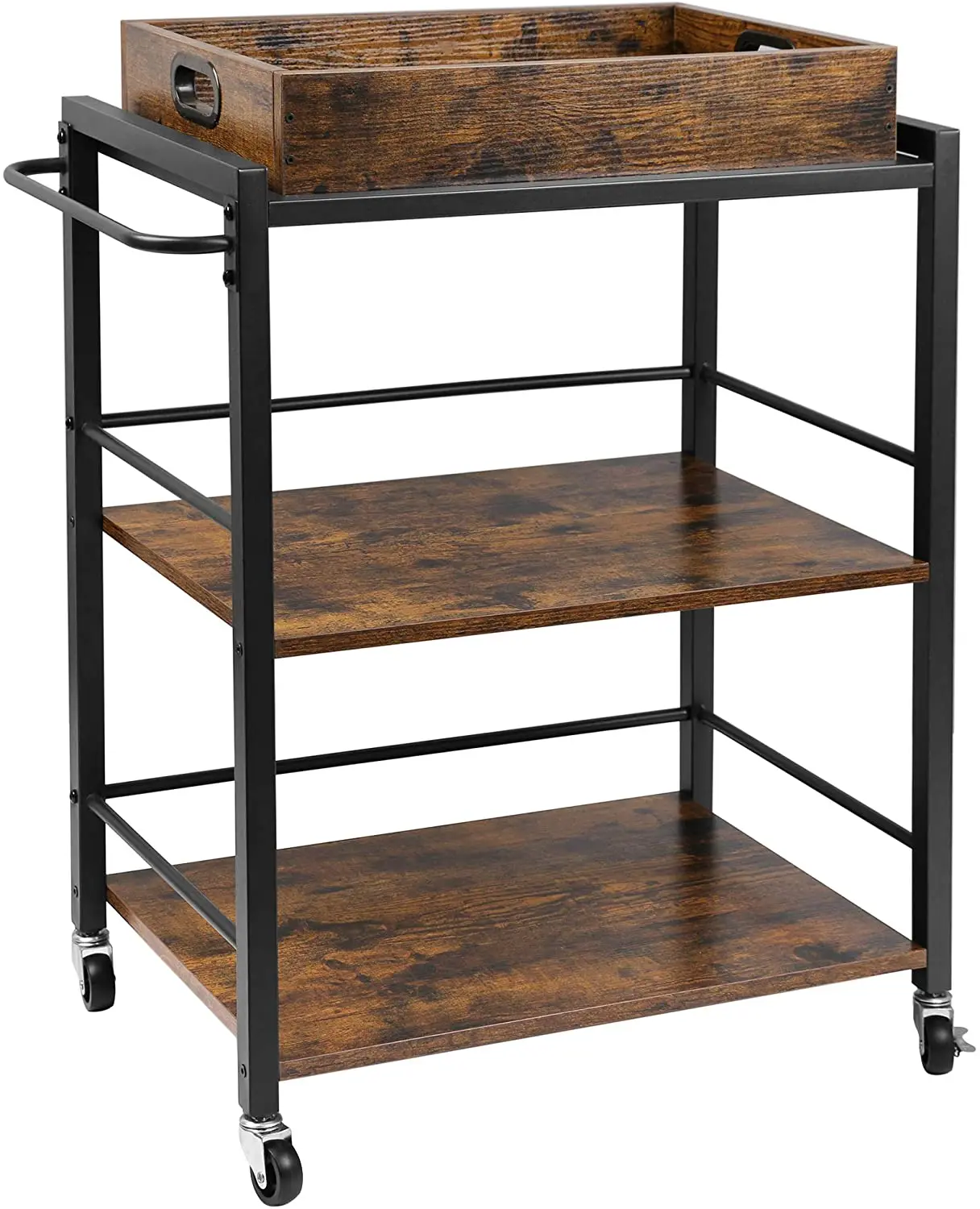 Hand Carts & Trolleys Metal Kitchen Serving Cart Rolling Storage Wood Bar Brown with 3-tier Shelves Wheels and 1 Removable Tray