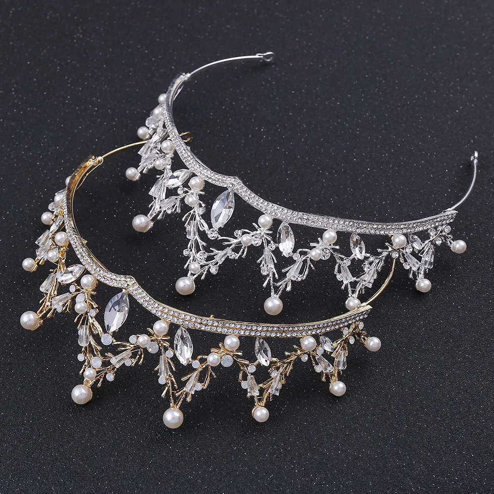 Korean boxed crystal pearl flower bridal wedding crown necklace earring headpiece set Girl golden alloy hair accessories