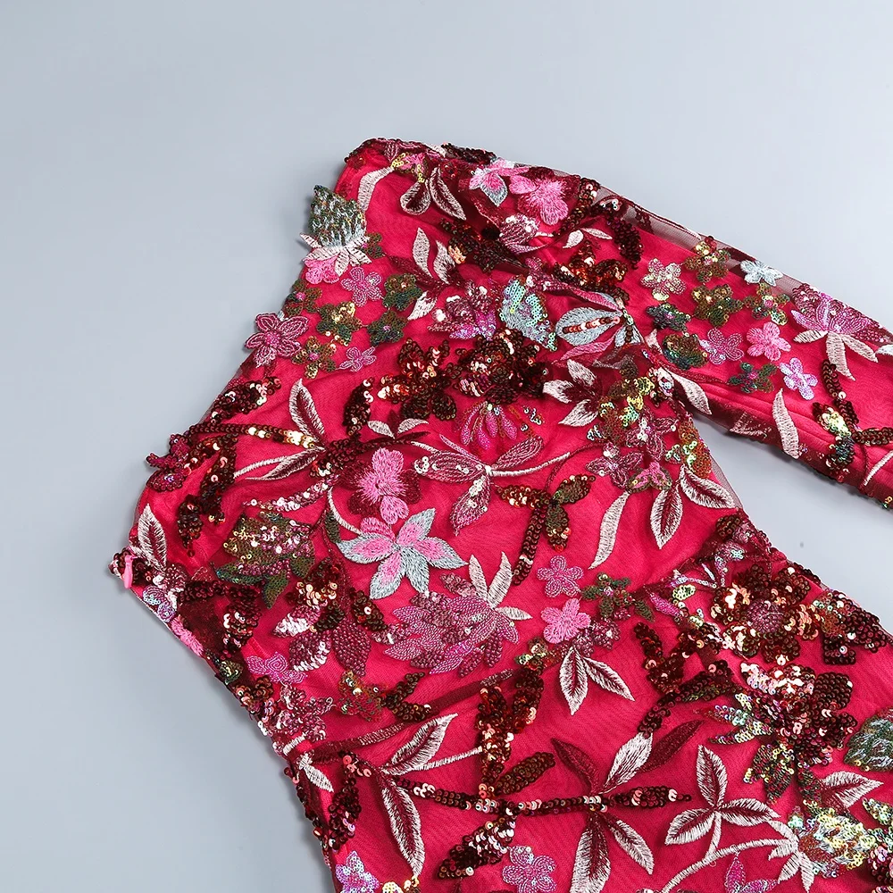 Sexy One Shoulder Luxury Sequin Floral Embroidered Asymmetric Flower Long Dress Women Long Sleeves High Split Long Party Dresses