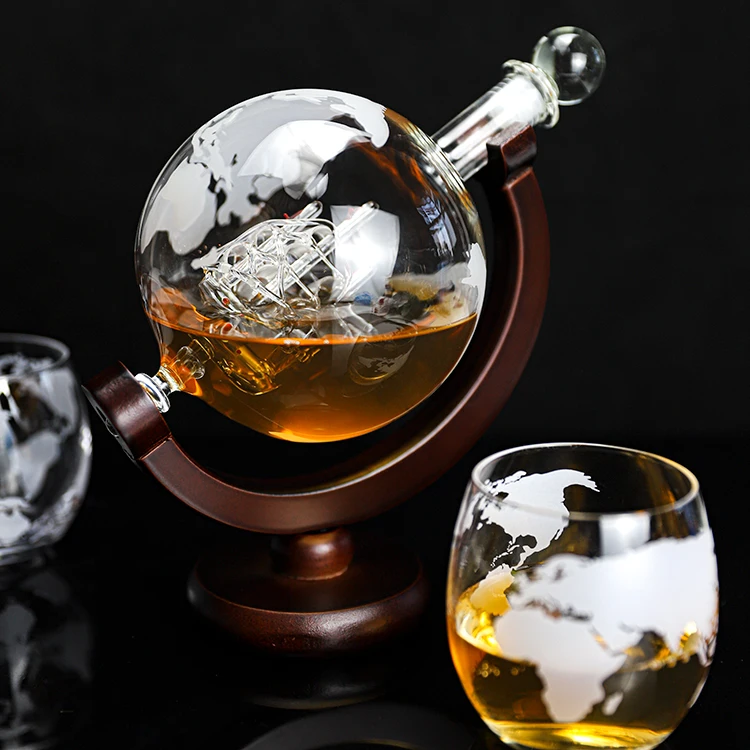 Globetrotter Etched Globe Spirits Decanter With Matching Glasses And Bar Funnel