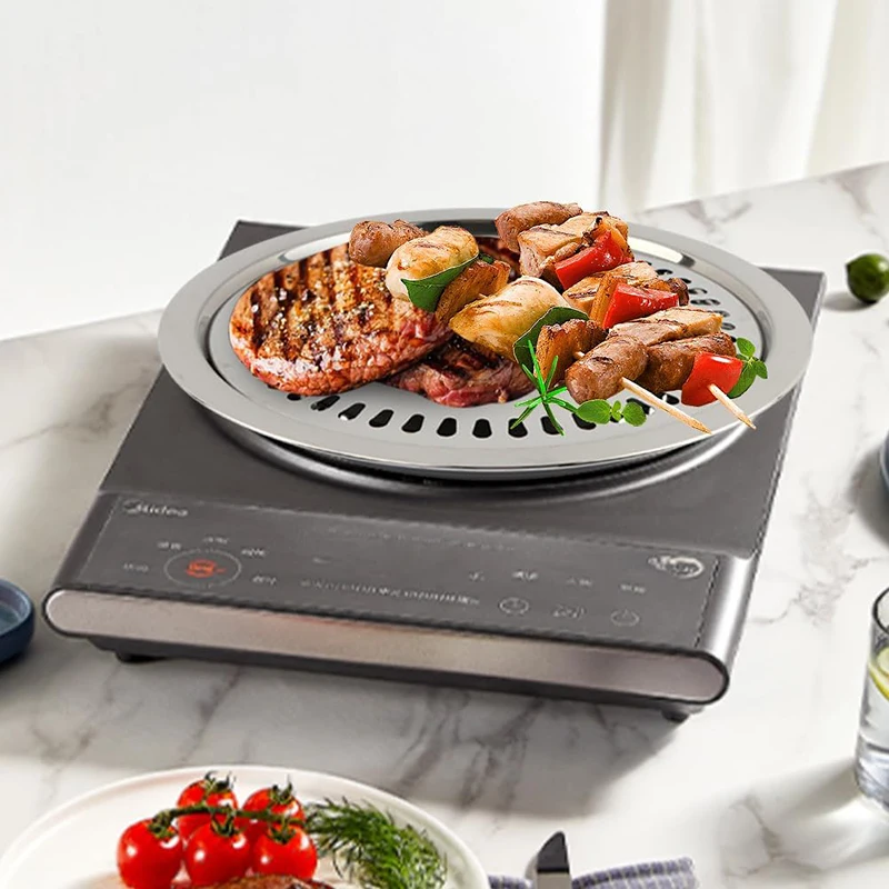DAPHYLA BBQ Non-stick Round Barbecue Grill Pan, Smokeless Barbecue Plate for Indoor Outdoor Grilling Pan, Stovetop Grill Pan,