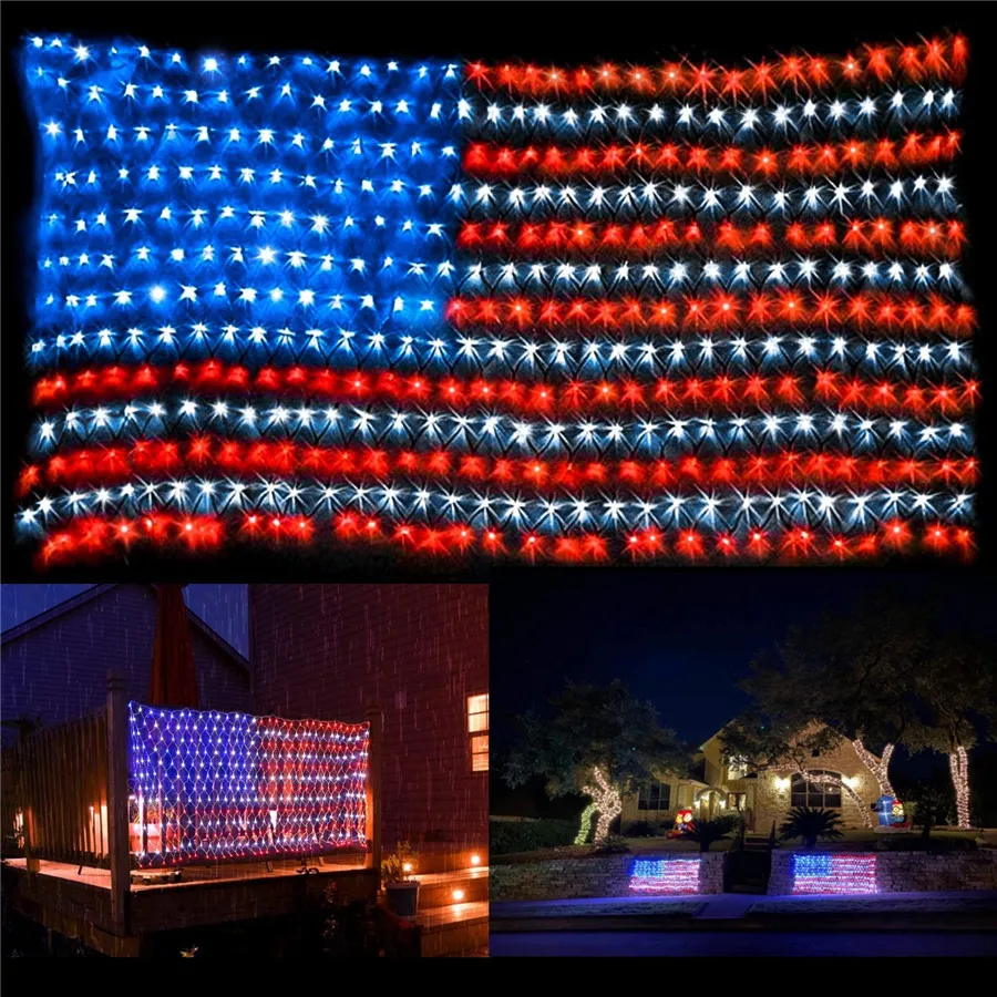420 LED 6.5 FT Outdoor US American Flags Net Lights LED String Light USA Flag Mesh Decoration Lighting