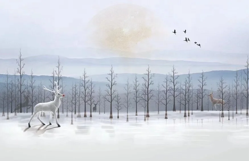 chrismas abstract snow elk forest bird tree design print big size custom up to 3*5m & 3.2*10m/piece high-end fabric wall mural