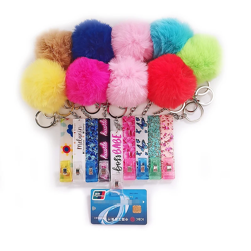 Hot Selling ATM Card Holder Puller Key Chain Acrylic Custom Credit Card Grabber With Pompom Ball For Long Nails