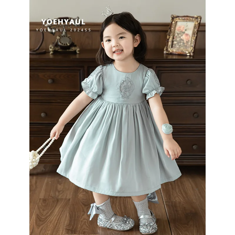 YOEHYAUL LX0226 Wholesale Embroidery Baby Dresses 2 Year Girl 100% Cotton Lining Children Kids Satin Dress Girls