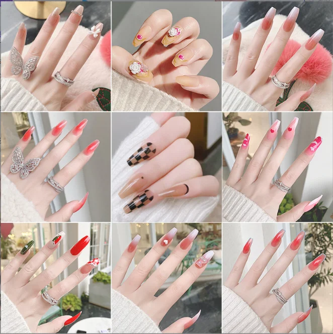 Wholesale 20 Design Nail Chain Blush Checkerboard Camellia Design Wearable Press On Nail Tips Kit
