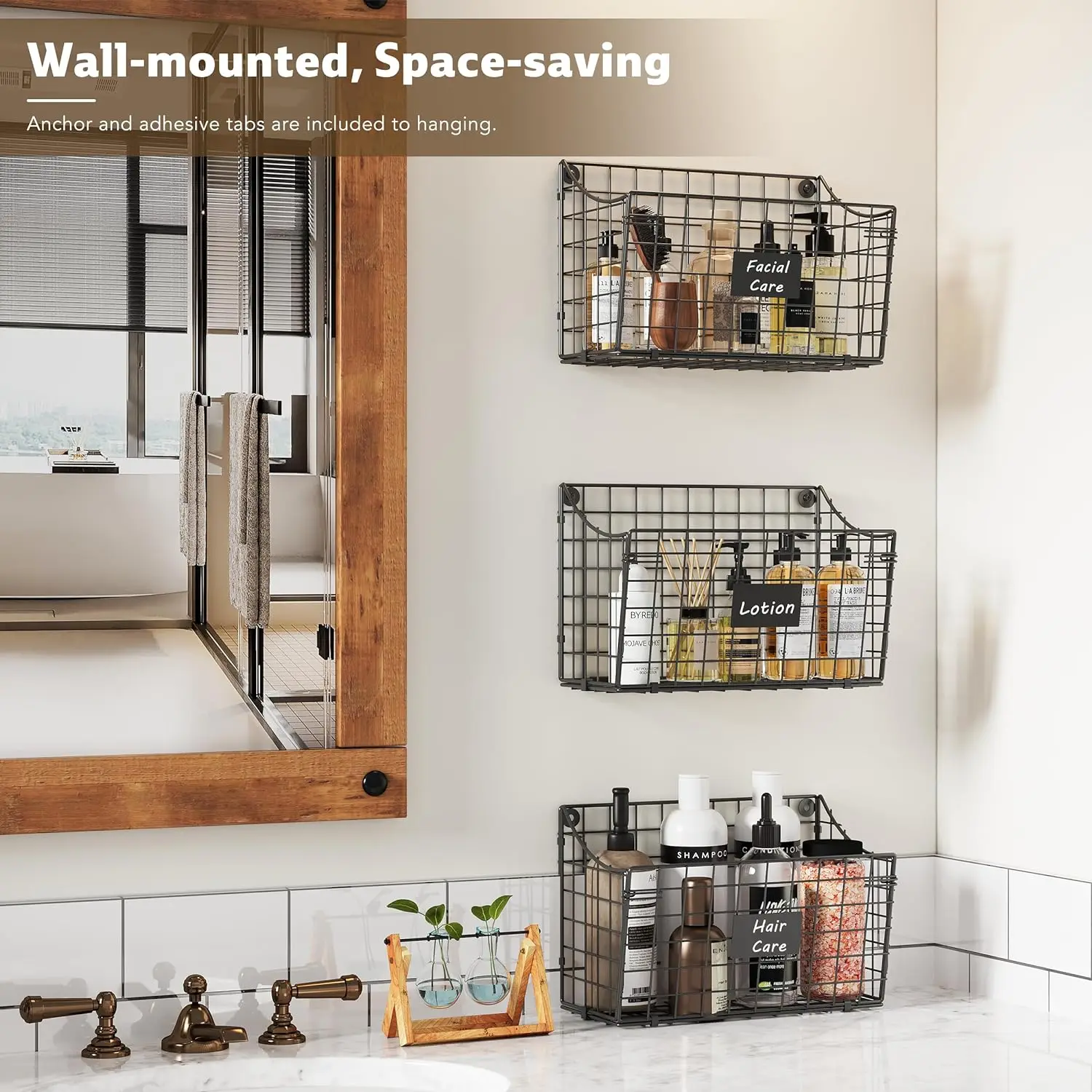 Wall Mounted Basket Cabinet Hanging Metal Wire Basket Rustic Farmhouse Decor Storage Organization Shelf